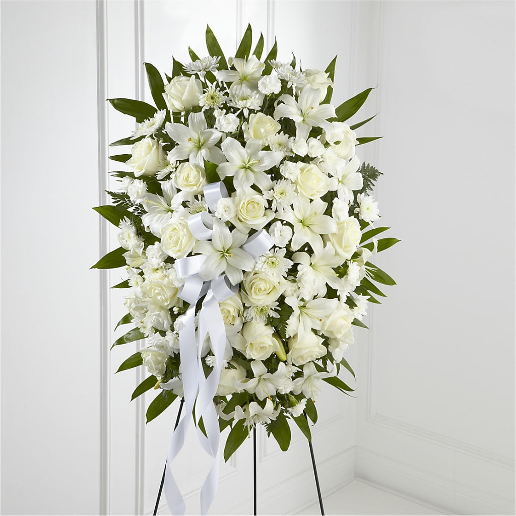 Exquisite Tribute Standing Spray-White Ribbon – RUSSELL'S FLOWER SHOP, Hamilton ON