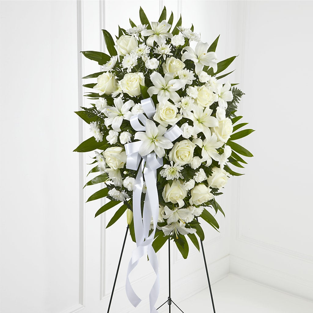 Exquisite Tribute Standing Spray-White Ribbon – RUSSELL'S FLOWER SHOP, Hamilton ON